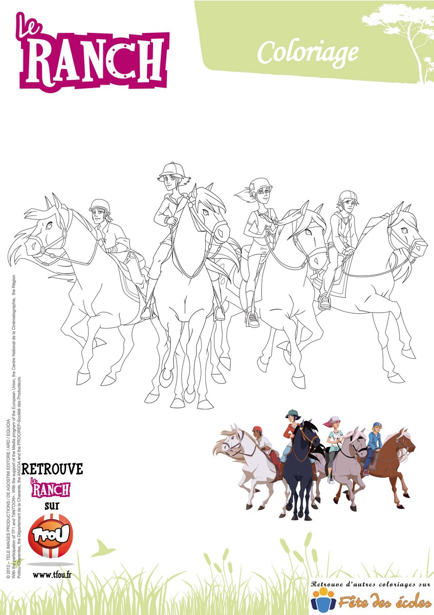 Coloriage de Léna, Angelo, Anaïs et Hugo à cheval