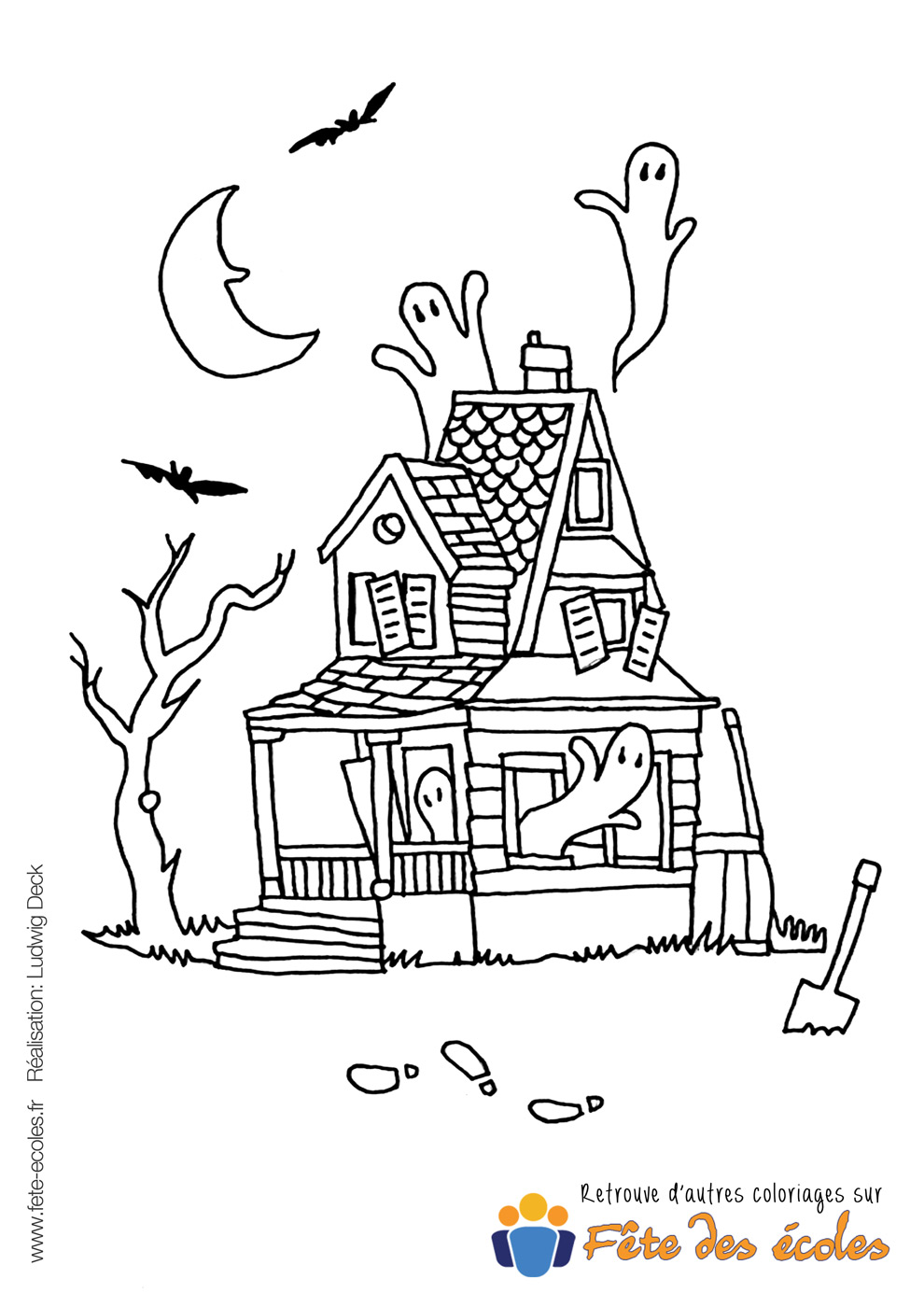 La maison hantée en coloriage d'Halloween sur Fête des Écoles