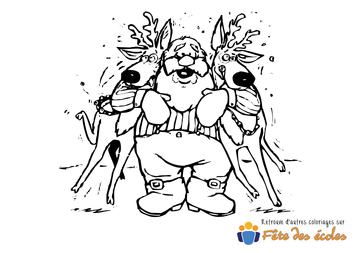 Coloriage du père Noël et de ses rennes qui en ont peur