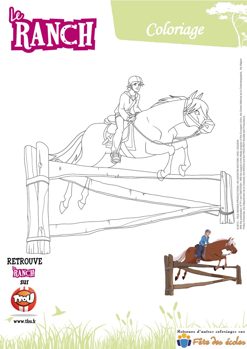 Hugo et Réglisse : Saut d'obstacle pour les personnages du ranch en coloriage sur Fête des Écoles