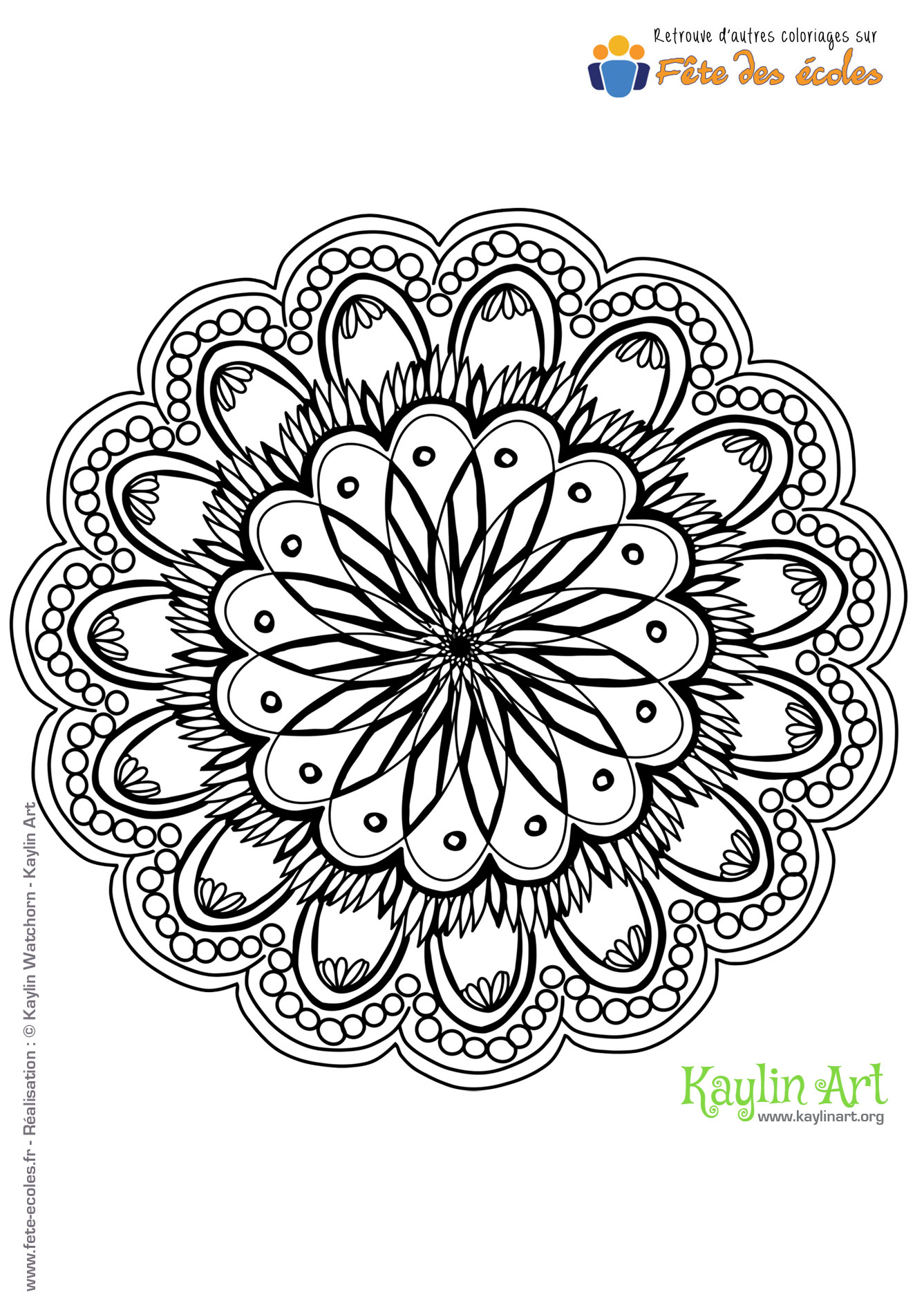 Coloriage Mandala en forme de fleur de l'illustratrice Kaylin Art, Kaylin Watchorn