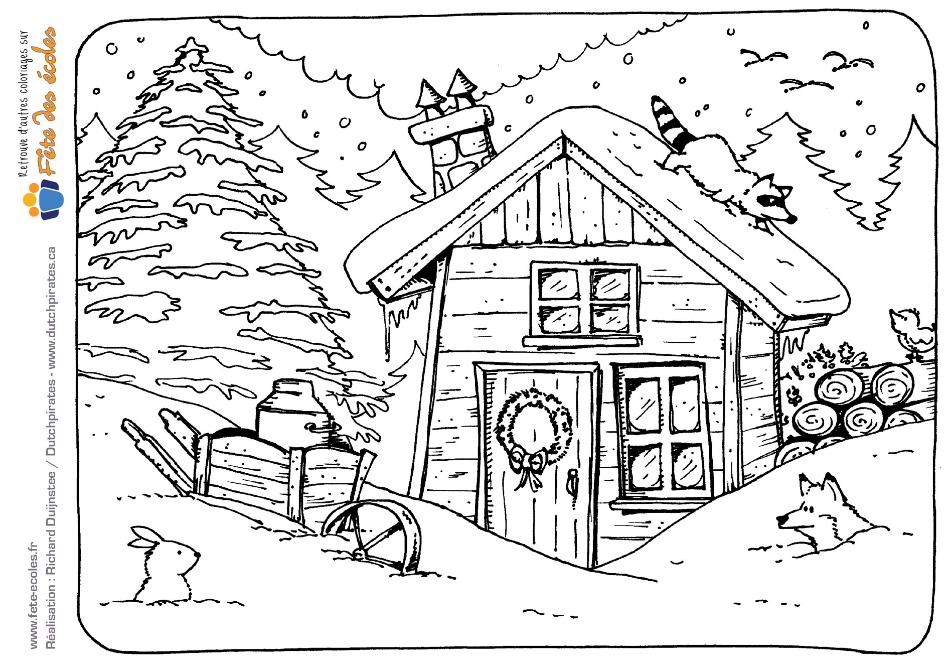 Coloriage d'une cabane en plein hiver avec un lapin, un loup et un blaireau de Dutchpirates - Richard Duijnstee